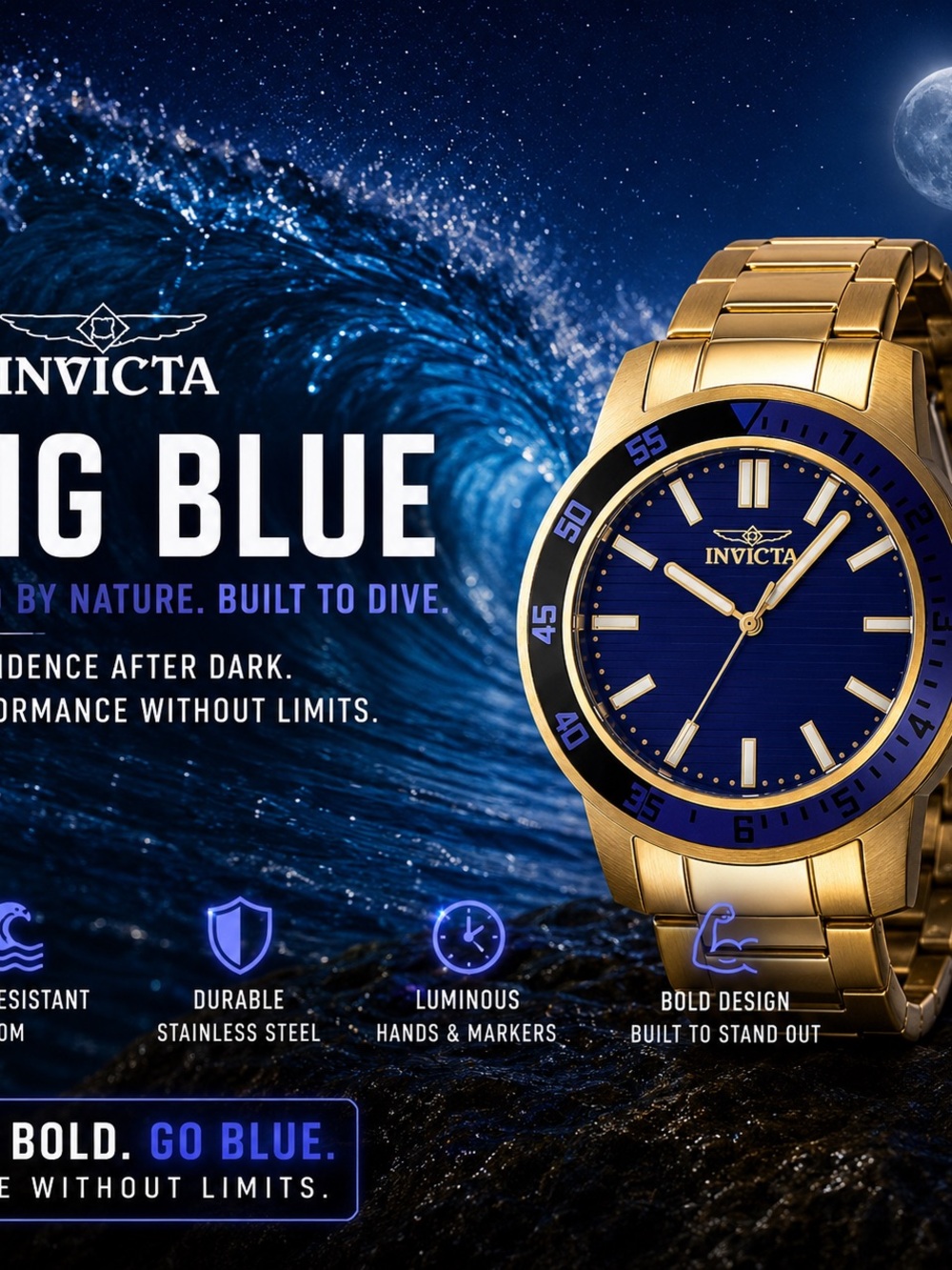 Invicta Gold and Blue Stainless Steel Dive Watch